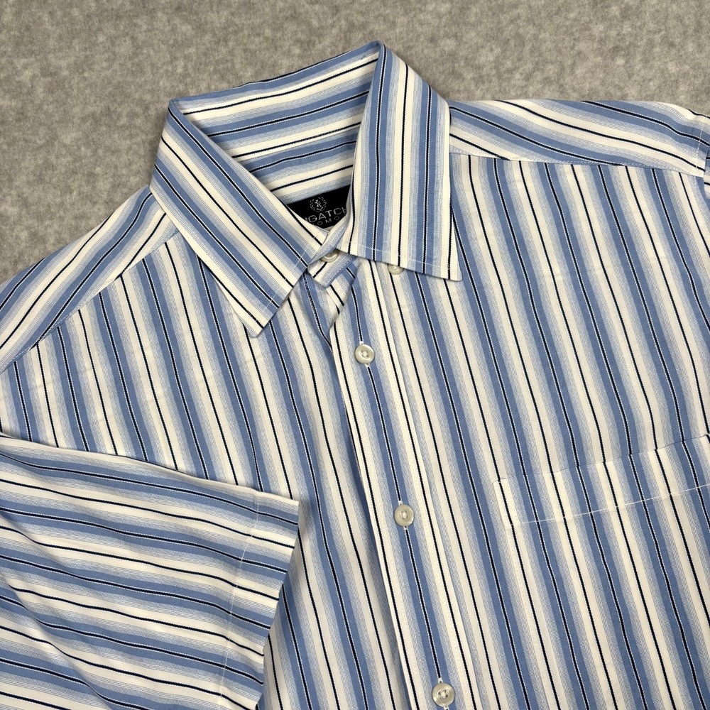 Bugatchi Uomo Shirt Mens M White Blue Striped Classic Fit Short Sleeve
